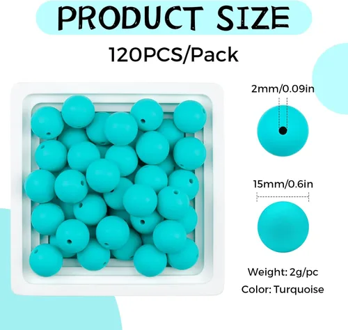 Miniatura 2 de 120 cuentas de silicona de FIVEIZERO para hacer llaveros, cuentas focales redondas de goma de silicona turquesa de 0.59 pulgadas a granel