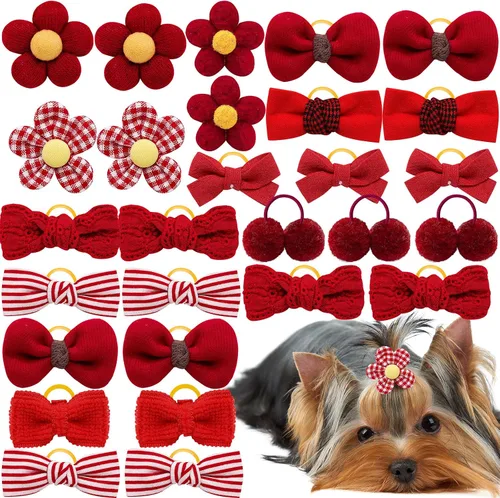 Miniatura 10 de 20 piezas de lazos pequeños de color rosa claro para el pelo de perros con bandas de goma, moño de bola de flores con nudo superior para accesorios
