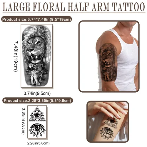 Miniatura 3 de 77 hojas de tatuajes temporales para hombres y mujeres, 17 hojas de tatuajes falsos de medio brazo, pecho y hombro, 60 hojas de tatuajes negros