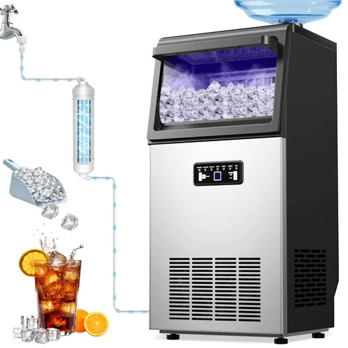 Máquina comercial para hacer hielo de 100 libras/24 horas con almacenamiento de 20 libras, acero inoxidable independiente y máquina de hielo debajo
