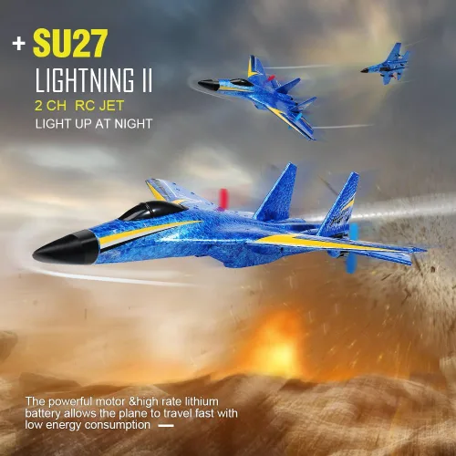 Miniatura 9 de Avión RC Su-27 Fremego de 2,4GHz 2 canales con control remoto, luces nocturnas de giro y 2 baterías, fácil de volar para adultos, principiantes