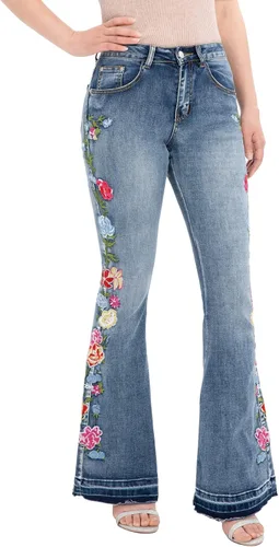 Jeans acampanados bordados florales para mujer, pantalones de mezclilla retro inspirados en la vendimia