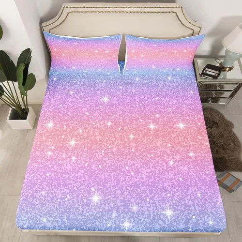 Miniatura 22 de Erosebridal Juego de ropa de cama de lentejuelas con purpurina y estrellas, sábanas de bolsillo profundo arcoíris y galaxia espacial, sábana bajera
