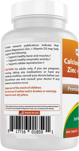 Miniatura 6 de Best Naturals Calcio y magnesio zinc con vitamina D3, 300 tabletas - Calcio 1000 mg, magnesio 400 mg, zinc 25 mg y D3 600 UI por porción (3 tabletas)