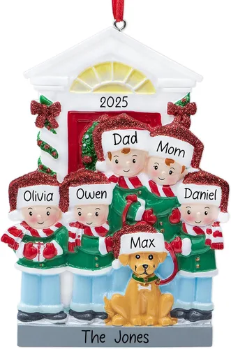 Miniatura 8 de Adorno de Navidad personalizado para familia de 6 con perro 2026 Padres, niños y cachorros con caseta para perros, decoración personalizada