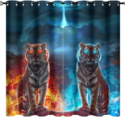 Miniatura 39 de Cool King of The Forest - Cortinas opacas con diseño de tigre anime, fantasía, animal, fuego, tigre, hielo, con ojales, ahorro de energía, 2