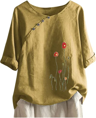 Ceboyel Women Summer Cotton Linen Shirts Floral Print Tops Short Sleeve Casual Blouses Boho Loose Fit Ladies Clothes 2023