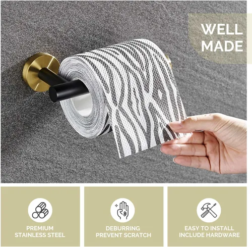 Miniatura 3 de Soporte de papel higiénico negro y dorado, colgador de papel higiénico de acero inoxidable para baño, dispensador de rollos de papel de tocador
