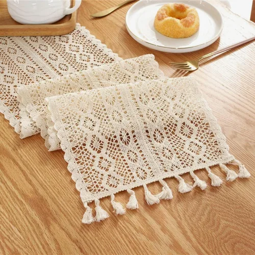 Miniatura 4 de Gemseek Camino de Mesa de Crochet de Algodón Boho de 60 Pulgadas, Camino de Mesa de Encaje Macramé Bohemio Beige Vintage para Cocina Mesa de Café