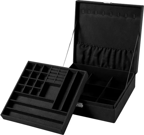 Miniatura 9 de Joyero de dos capas con tela con pelusas, organizador, caja exhibidora para almacenamiento con cerradura
