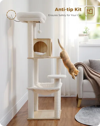 Miniatura 8 de PETEPELA Árbol de Madera para Gatos de Interior Torre de Múltiples Niveles con Postes Rascadores Cubiertos de Sisal, Condominio Acogedor, Hamaca