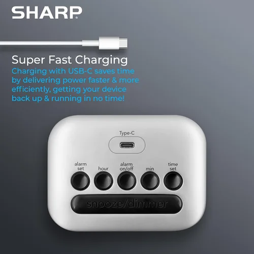 Miniatura 3 de Sharp Reloj despertador digital con puerto de carga USB-C súper rápido y pantalla LED verde