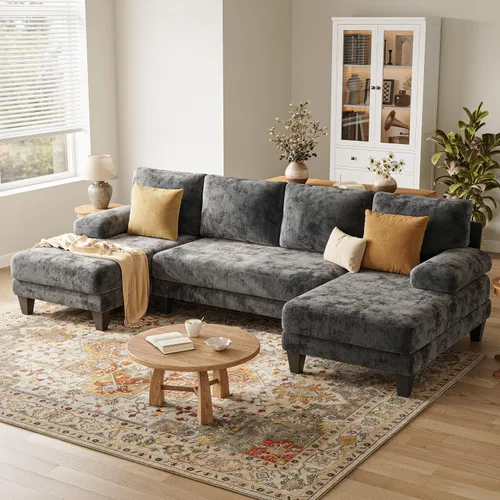 Sofás seccionales en forma de U para sala de estar, sofá de felpilla con diván doble, sofá seccional gris oscuro de 112 pulgadas para apartamento