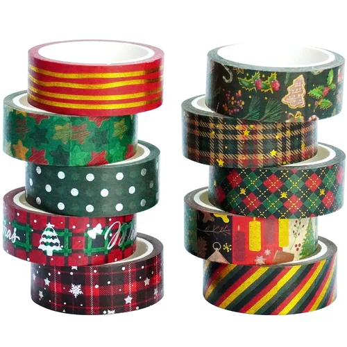 Juego de 10 rollos de cinta washi de Navidad, adornos vintage negro y dorado, cintas adhesivas decorativas plateadas básicas para artes,