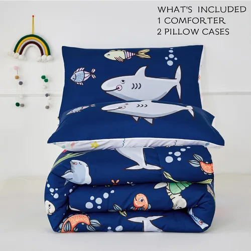 Miniatura 5 de RYNGHIPY Juego de ropa de cama para cama individual para niños, reversible, con estampado de animales marinos, juego de edredón para niños y niñas