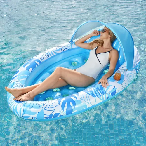 SLOOSH Flotadores de piscina con toldo – Flotador inflable ovalado XL para adultos con cubierta ajustable para sombra solar, flotador de bronceado