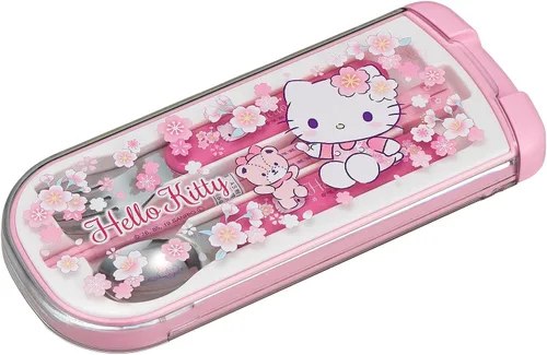 OSK CT-20 - Juego de cubiertos de Hello Kitty, Sakura, tirar, trío, palillos, cuchara, tenedor, hecho en Japón, deslizante, apto para lavavajillas,