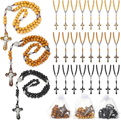 Miniatura 8 de Juego de 24 collares de rosario de cuentas de madera tallada con rosario católico con cruz de Jesús, cuentas de rosario de madera maciza con bolsa