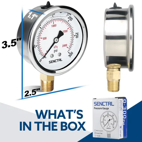 Miniatura 6 de SENCTRL Medidor de presión relleno de líquido de glicerina de 0-300 psi, tamaño de dial de 2.5 pulgadas, montaje inferior NPT de 1/4 pulgadas, caja