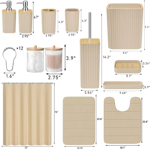 Miniatura 3 de XLHOMO Bathroom Set- 25PC Beige Bathroom Set, Bathroom Set with Shower Curtain and Rugs, Beige Shower Curtain Set, Toilet Brush, Bathroom Trash Can