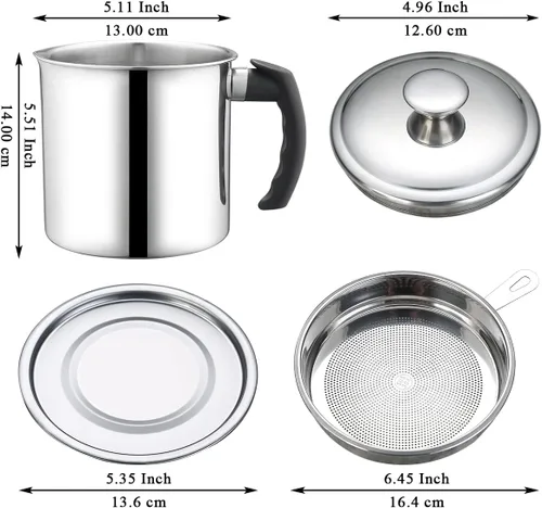Miniatura 2 de Berglander Recipiente de grasa de tocino con colador de 47 oz/1.4 L, recipiente de almacenamiento de aceite de acero inoxidable con filtro de malla