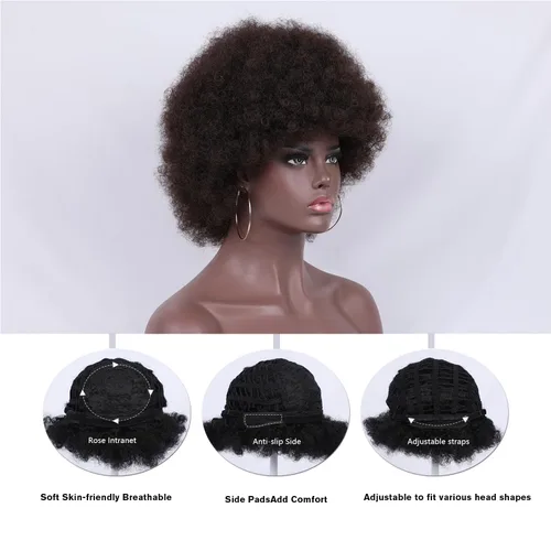 Miniatura 5 de Pelucas cortas y rizadas con flequillo para mujeres negras, peluca rizada afro afro, cabello sintético suave resistente al calor, peluca de aspecto
