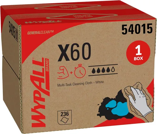 WypAll GeneralClean X60 - Toallitas de limpieza multitarea (54015), Brag Box, toallas fuertes y absorbentes, color blanco (1 paquete de 236 hojas,