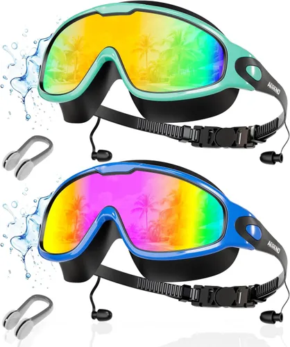 Aegend - Nuevas gafas de natación de visión amplia para adultos, con protección antiniebla/UV, sin fugas, con tapones para los oídos para hombres y