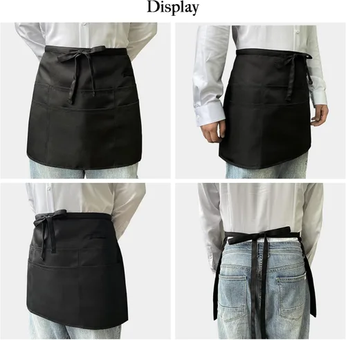 Miniatura 5 de Delantales de servidor negros con 6 bolsillos, delantal de cintura para camarero unisex, peluquero y limpiador