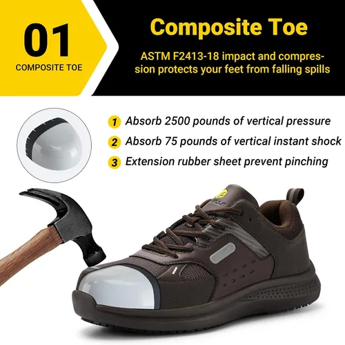 Miniatura 3 de FitVille Zapatos de punta de acero extra anchos para hombres, zapatos de trabajo con punta compuesta para hombres, resistentes al agua