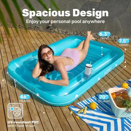 Miniatura 2 de SLOOSH Flotador inflable, camastro para adultos, con almohada, 178 x 117 cm, 4 en 1: balsa-tina bronceadora, camastro para tomar el sol, fiestas Azul