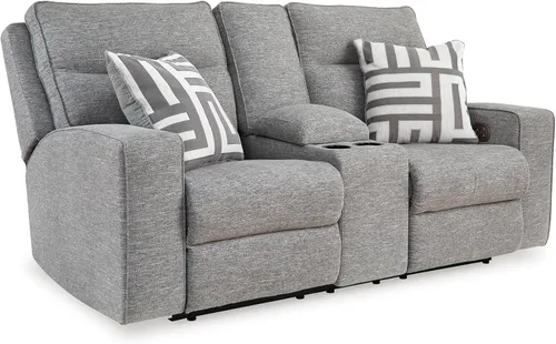 Signature Design by Ashley Biscoe - Sofá biplaza reclinable resistente a los rayos UV con consola, reposacabezas ajustable y puertos USB, color gris