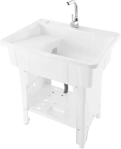 Miniatura 18 de Fregadero de plástico independiente con tabla de lavadero, lavabo para lavandería, lavabo con grifo caliente y frío para garaje, sótano, jardín