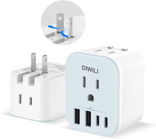 Miniatura 9 de Adaptador de enchufe universal de viaje internacional, adaptador de enchufe de viaje europeo 5 en 1 W/3.5A 2xUSB-A y 2xUSB C cargador de pared