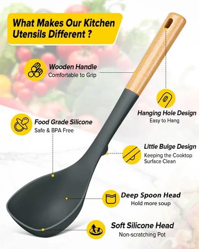 Miniatura 2 de Juego de cucharón de sopa de silicona y cuchara de espagueti con mango de madera, utensilios de cocina antiadherentes resistentes al calor para Gris