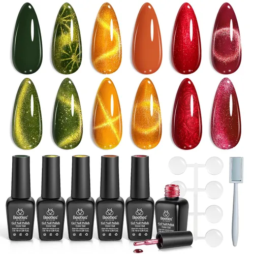 Miniatura 47 de Beetles - Juego de esmalte de uñas de gel de 6 colores, ojo de gato plateado, gel transparente rojo, rosa, amarillo, verde, negro, con efecto