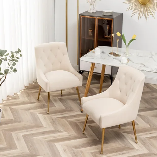 Miniatura 6 de Juego de 2 sillas de comedor, sillas de comedor modernas de terciopelo con patas doradas, elegantes sillas decorativas acolchadas para recepción
