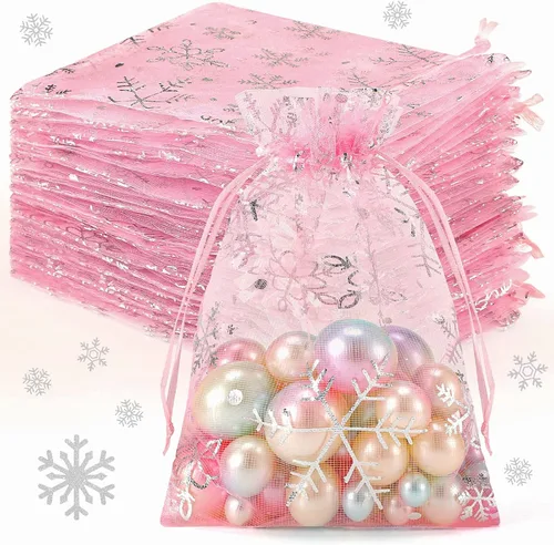 Miniatura 10 de Roowest 100 bolsas de regalo de organza con copos de nieve de 4 x 6 pulgadas, pequeñas bolsas de malla para joyas, mini cordón para dulces, bolsas