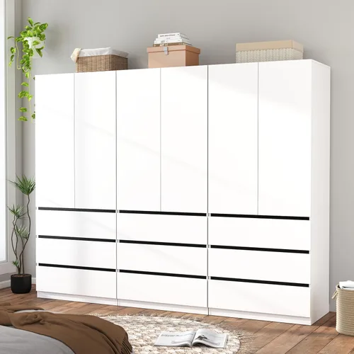 Miniatura 10 de Armario con cajones: armario grande de 75 pulgadas con 6 puertas para colgar ropa, modernos armarios de madera con 6 cajones y almacenamiento