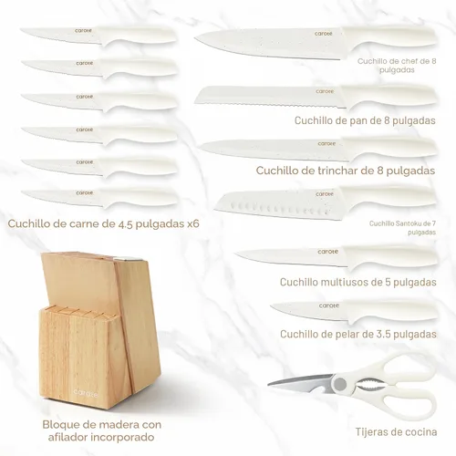 Miniatura 2 de CAROTE Juego de 15 piezas de cuchillos, juego de bloque de cuchillos de cocina, elegantes cuchillas con revestimiento cerámico blanco con elegante