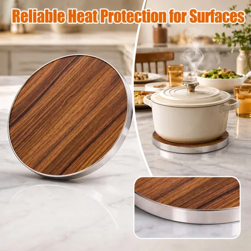 Miniatura 5 de Creative Home Salvamanteles redondos de 7 pulgadas, salvamanteles de fibra de madera de acacia con borde de acero inoxidable, duradero, protector