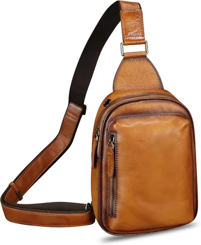 LRTO Bolso bandolera pequeño de cuero genuino para mujeres y hombres, bolsa cruzada para el pecho, mochila para senderismo, deportes, viajes