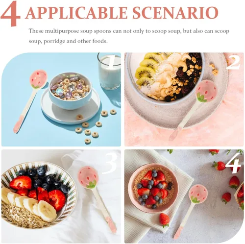 Miniatura 7 de Housoutil Juego de 2 cucharas de cerámica de fresa de mango largo con patrón de frutas para café, té, yogur, helado, cubiertos de cocina