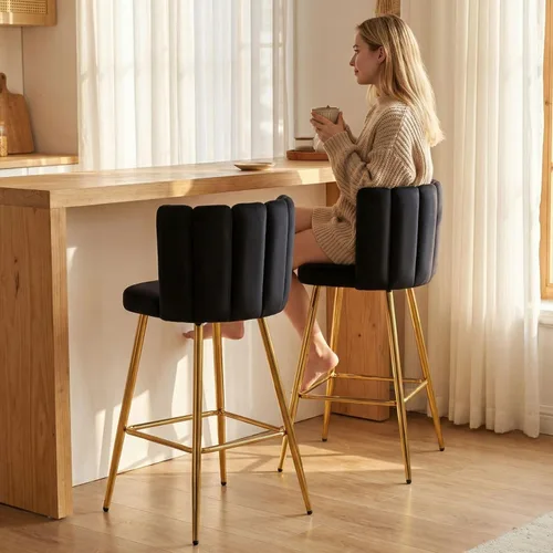 Miniatura 6 de Velvet Taburetes de Bar de 30" de Altura de Barra Juego de 2 Taburetes de Cocina Modernos Taburetes de Mostrador Tapizados con Patas Doradas