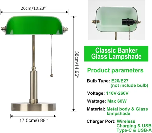 Miniatura 3 de FIRVRE Lámpara de Escritorio de Banco de Vidrio con Puerto de Carga Inalámbrica USB Lámpara de Escritorio LED Lámpara de Mesa con Cadena de Tirón