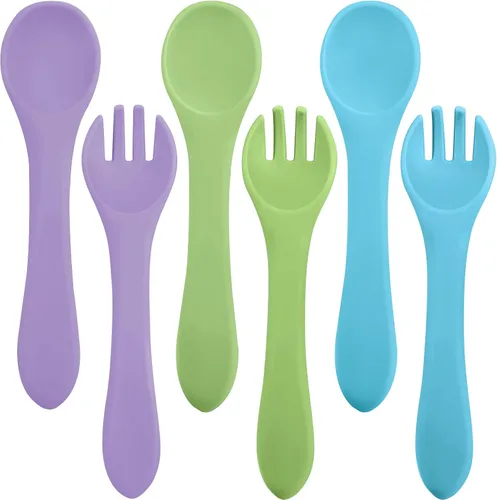 Miniatura 14 de Nuenen Juego de 6 tenedores y cucharas de silicona para bebés, suministros de autoalimentación para primera etapa, mini utensilios para niños