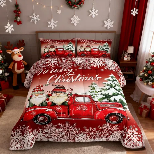 Miniatura 19 de Juego de edredón de Feliz Navidad para niños, tamaño twin, juego de ropa de cama de camión rojo árboles de pino copos de nieve, decoración