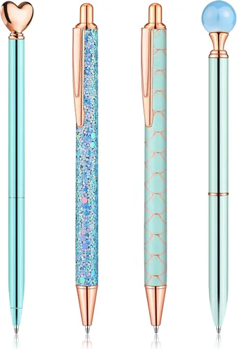 BESARME 4 bolígrafos azules para mujer, bolígrafos de sirena, regalos azules para niñas, bolígrafo de diamantes con purpurina, tinta negra, lindo