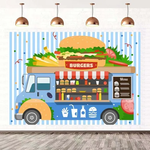Miniatura 3 de Fondo de hamburguesa para camión de comida rápida, postre de tienda, hamburguesas, papas fritas, bebidas, fotografía, telón de fondo para niños