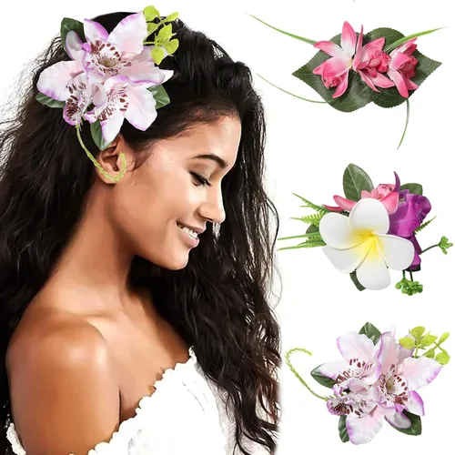 Miniatura 17 de HAIMEIKANG - Pinza para el pelo, 3 piezas de horquillas de flores hawaianas - Accesorios de cabello con flores tropicales artificiales para mujeres